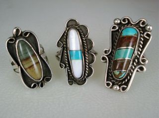 3 Old 1970s Navajo Sterling Silver & Turquoise Jasper Rings Multiple Sizes