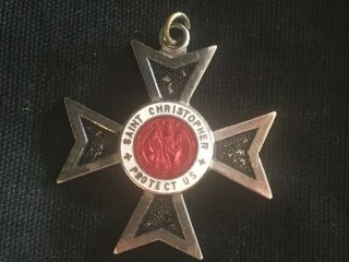 Vintage St.  Christopher Medal Cross with Red and White Enamel 1 1/4” Pendant 2