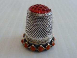 Sterling Thimble W/ Orange Beaded Rim & Red Glass Dimpled Cap " 9 "