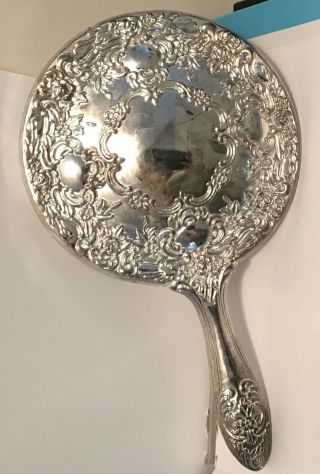 Vintage 10” Silver Hand Held Vanity Mirror Metal Only Heavy Art Nouveau