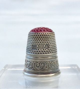 Vintage Sterling German Lotthammer Thimble With Ruby Glass Top
