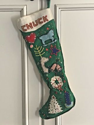 Vintage 20 " Long Felt Sequin Beaded " Chuck " Christmas Xmas Holiday Stocking
