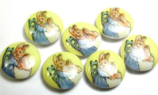 Vintage Buttons Set Of 7 Beatrix Potter Momma & 2 Baby Rabbits Design 11/16 "