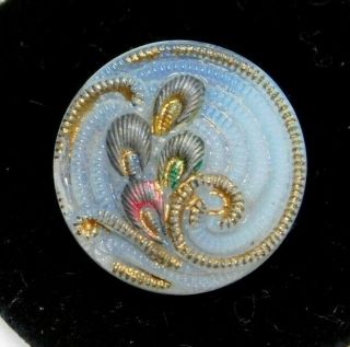 Antique Victorian Lacy Glass Button Clambroth W Gold & Deco Feather Design 1/2 B
