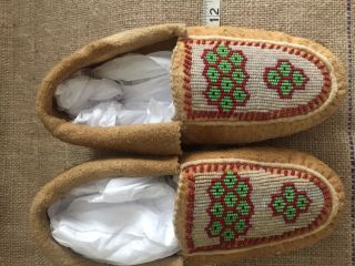 Pair Native American Indian Bead Decorated Hide Moccasins Beaded