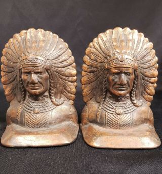 Antique Native American Indian Head Headdress Cast Iron Bronzed Bookends