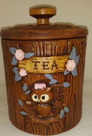 Vintage Treasure Craft Owl Barrel Canister Tea Jar Ceramic