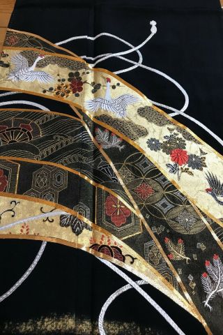 @@japanese Vintage Kimono/ Tomesode Black Silk Fabric/ Cranes,  Embroidery Jx16