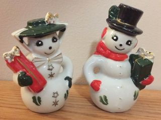 Vintage Snowman & Mrs.  Porcelain Christmas Salt Pepper Shakers Set Japan Figures