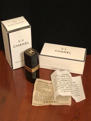 Vintage Chanel No 5 Spray Perfume Mostly Full W/ Black Gold Refillable Case 29