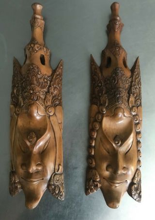 Exquisite Vintage Indonesian Hand Carved Wooden Mask Wall Plaques Bali