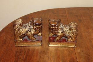 Pair Gold Carved Wood Foo Dogs Bookends Statues Chinese