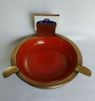 Vintage Art Deco Metal And Orange Glass Ashtray With Match Holder
