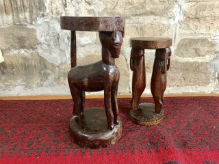 2x Vintage Trobriand Island Handcarved Timber Stool Chair Side Table.  Png Tribal
