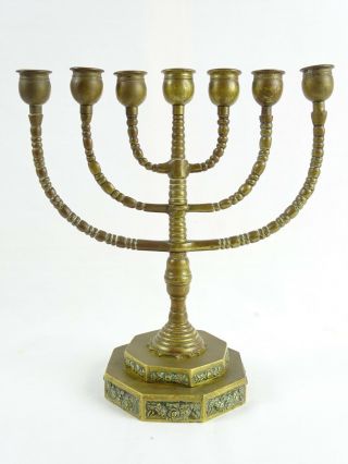 Heavy Antique Jewish 7 Arm solid brass Menorah Candelabra Tiered Rose base 2