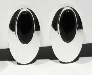 Big Vintage Signed Navajo 925 Sterling Silver Black Onyx Oval Clip - On Earrings