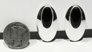 Big Vintage Signed Navajo 925 Sterling Silver Black Onyx Oval Clip - on Earrings 3