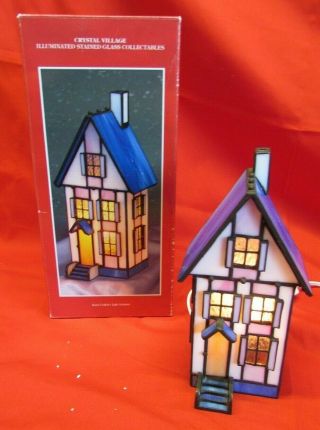 Vtg Holiday Creation Crystal Village Stained Glass Lighted Three - Story House Mib