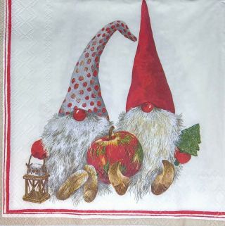 3 X Single Paper Napkins Decoupage Tissue Christmas Dwarf Gnomes With Hats M161