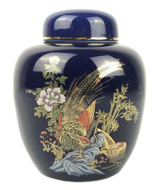 Small Dark Blue Porcelain Ginger Jar With Lid Pheasants Bamboo 5 "