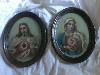 Vintage Jesus And Virgin Mary Lithographs Prints Painted Metal Frame