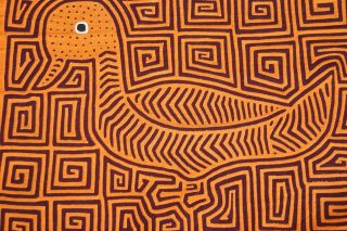 1980 Old Kuna Abstract Art Mola Handstitched Applique Bird Duck Labyrinth Maze -