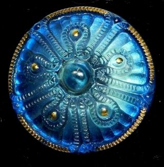 Antique Victorian Glass Button Convex Blue Lacy Glass Design W Gold 1&1/4 M6