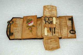 Vintage Small Travel Sewing Needlework Kit Leather Case Decorative Panels