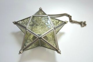 Vintage Star Shape Lantern Art Deco Glass Metal Chain Tealight Candle 7 " Decor
