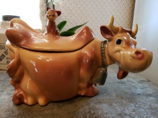 Brush Mccoy Pottery Usa Vintage Cow Cookie Jar W Cat On Lid 1940 