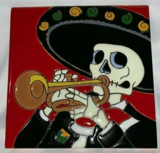 6 " Mexican Talavera High Relief Tile Day Of The Dead Mariachi Trumpet Sombrero