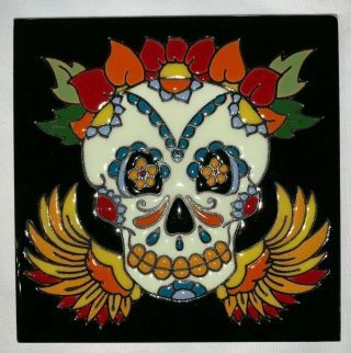 6 " Mexican Talavera High Relief Tile Day Of The Dead Candy Sugar Skull Woman