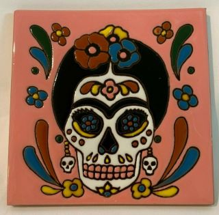 6 " Mexican Talavera High Relief Tile Day Of The Dead Frida Kahlo Catrina Pink