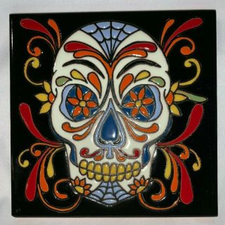 6 " Mexican Talavera High Relief Tile Day Of The Dead Woman Candy Skull