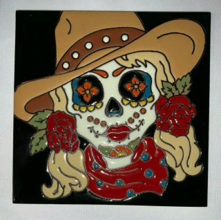 6 " Mexican Talavera High Relief Tile Day Of The Dead Woman Candy Skull Cowgirl