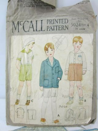 1928 Mccalls Size 4 Boys 3 Pc.  Suit Sewing Pattern Complete