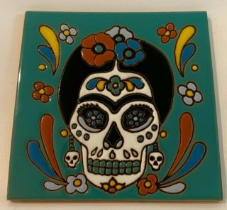 6 " Mexican Talavera High Relief Tile Day Of The Dead Frida Kahlo Catrina Green
