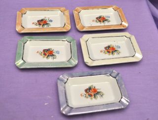 Vintage Set Of 5 Individual Ashtray With Floral Patterns - Made In Japan