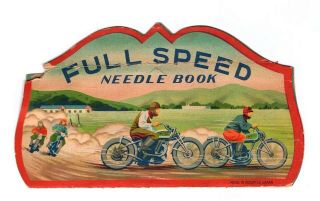 Vintage Full Speed Sewing Needle Card Book,  Dirt Track Motorcycle Artwork