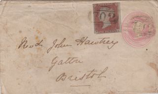 1853 Qv Bristol 1d Pink Cover Uprated With A 1d Penny Red Imperf Stamp