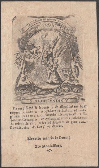 Saint Aldegonde - Antique Holy Card Engraving 17th Century Baroque