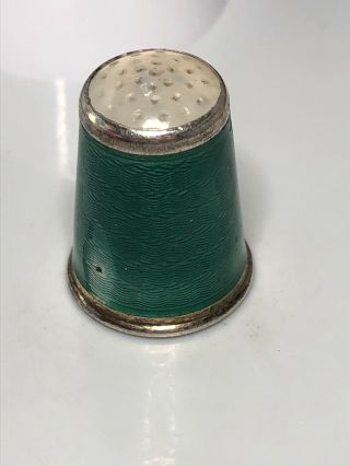 Thimble Sterling Silver Made In Norway Green Enamel Guilloche White Cap Stone
