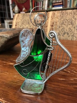 Leaded Stained Glass Angel Playing Harp 7” Signed By Ghs 1983 Handmade Numbered