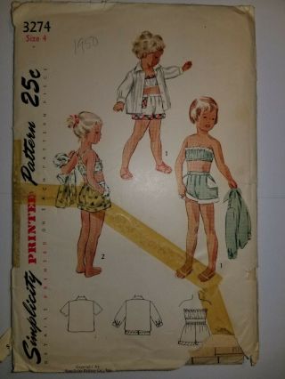 Playsuit Shorts Top Jacket Girls 4 Pattern Sewing 3274 Vtg 1950s Simplicity Cut