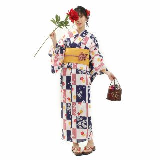 Japanese Ladies Kimono - Purple Yukata Yellow Obi Belt Set Of 2 -