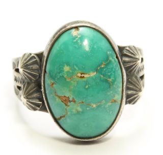 Vintage Navajo Sterling Silver Harvey Old Pawn Stamped Green Turquoise Ring Sz5