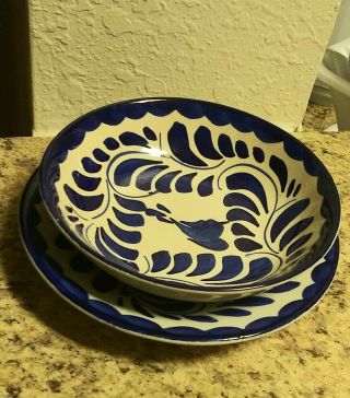 2 Anfora Saucer Tableware Decorative Sm.  Plates Hand Made In Mexico Blue White