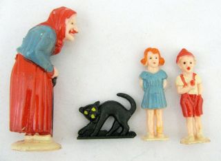 Vintage Miniature Plastic Hansel & Gretel Witch Cat Toy Figure Cake Topper Set