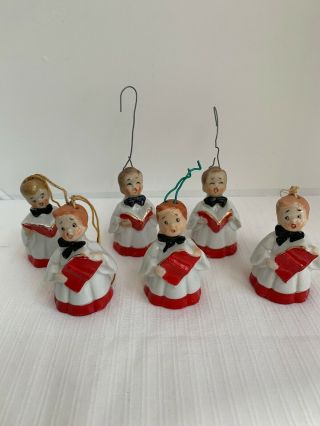 6 Vintage Mid - Century Choir Boy Girl Porcelain Bell Christmas Ornaments Japan