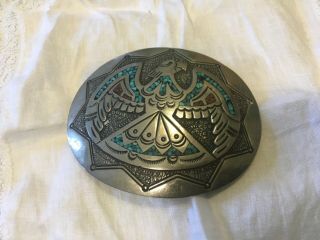 Sterling Silver Native American Turquoise Coral Chip Inlay Nezzie Belt Buckle